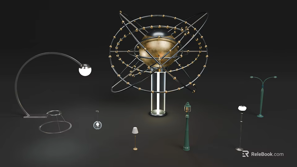 Armillary Sphere Decorative Display With Various Lamps And Lighting Fixtures 3d model 