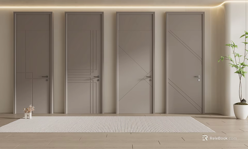 Modern Hinged Doors With Stylish Line Patterns In Neutral Tone Home Interior Design 3d model