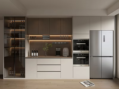 Modern Kitchen Wine Cabinet With Glass Door Wooden Storage And LED Lighting 3d model