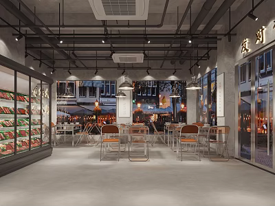 Industrial Style Restaurant Interior With Glass Display Cases Ceiling Lights Tables Chairs And Street View 3d model