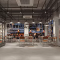 Industrial Style Restaurant Interior With Glass Display Cases Ceiling Lights Tables Chairs And Street View