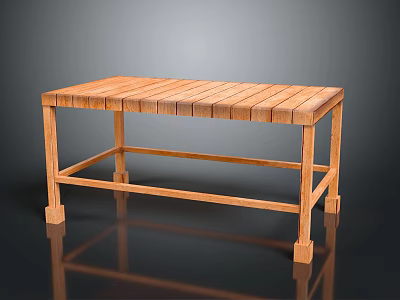 Wooden Bench With Striped Plank Top And Sturdy Legs On Reflective Surface 3d model