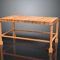Wooden Bench With Striped Plank Top And Sturdy Legs On Reflective Surface