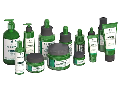 Green And White Skincare Products Collection With Various Bottles Jars And Tubes 3d model