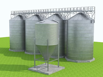 Industrial Equipment Multiple Large Metal Storage Tanks With Platform Structure On Green Grass 3d model