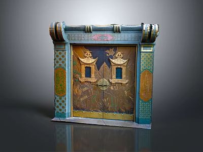 Decorative Architectural Door With Blue And Gold Ornamental Details And Intricate Carvings 3d model