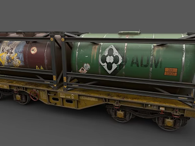 Freight Train Tank Cars with Green ALM Label Hazard Symbol and Kane Graffiti Yellow Undercarriage 3d model