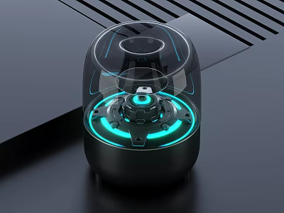 Modern Black Speaker With Transparent Cover And Blue Ring Light On Black Surface 3d model