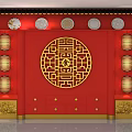 Traditional Chinese Red Background Wall With Golden Circular Pattern And Lantern Decorations 3d model