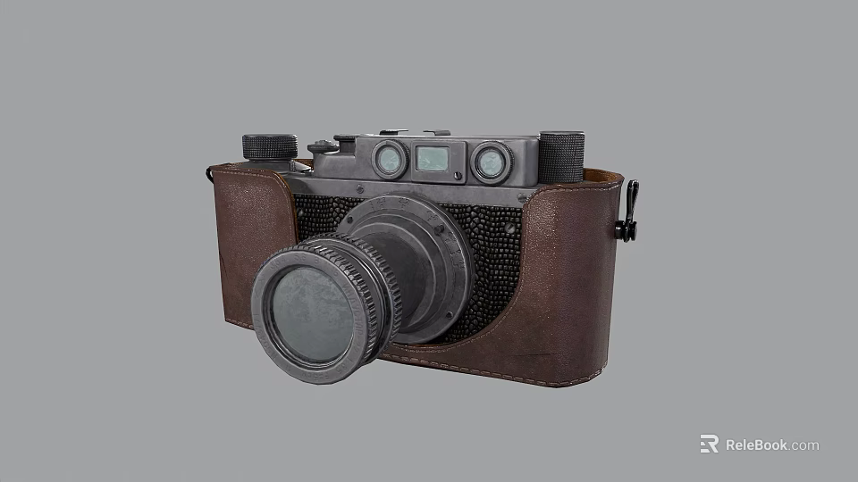 Vintage Electronic Camera With Brown Leather Case Classic Lens And Dials 3d model 