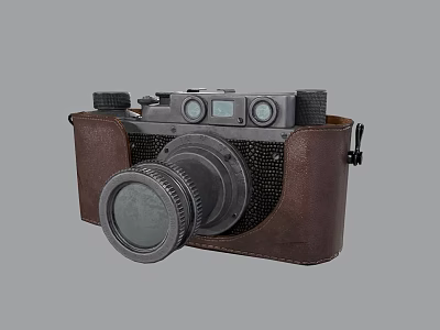Vintage Electronic Camera With Brown Leather Case Classic Lens And Dials 3d model