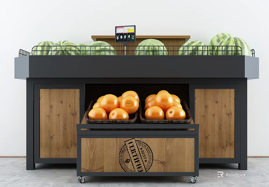 Fruit Display Shelf Featuring Watermelons Top Oranges in Baskets Wooden Metal Frame and Price Tag 3d model 