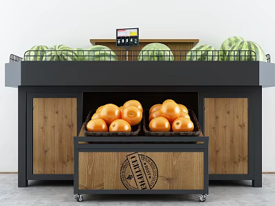 Fruit Display Shelf Featuring Watermelons Top Oranges in Baskets Wooden Metal Frame and Price Tag 3d model