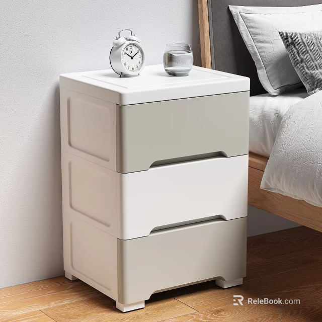 White And Light Gray Modern Bedside Table With Three Drawers Alarm Clock And Glass 3d model 
