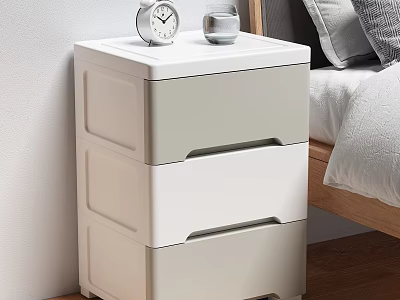 White And Light Gray Modern Bedside Table With Three Drawers Alarm Clock And Glass 3d model