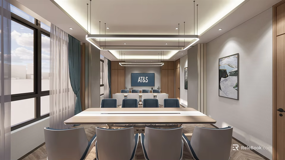 Modern Conference Room Interior With Long Table Chairs Hanging Lights Screen And Wall Painting 3d model 