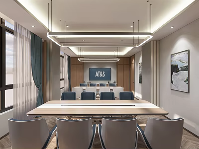 Modern Conference Room Interior With Long Table Chairs Hanging Lights Screen And Wall Painting 3d model