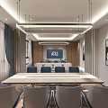 Modern Conference Room Interior With Long Table Chairs Hanging Lights Screen And Wall Painting