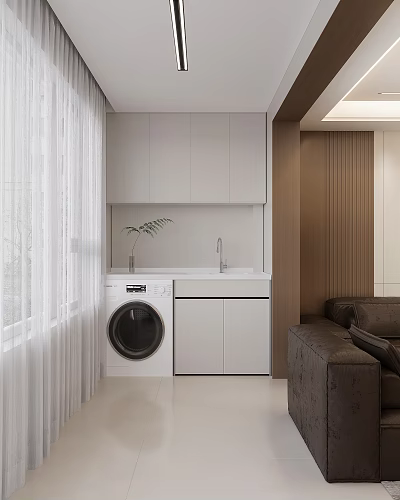 Modern Home Balcony Laundry Area With White Cabinet Washer Sink Green Plant And Brown Sofa 3d model