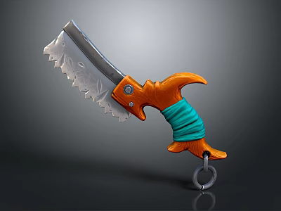 Serrated Blade Knife With Orange Handle Green Wrapped Grip And Metal Ring 3d model