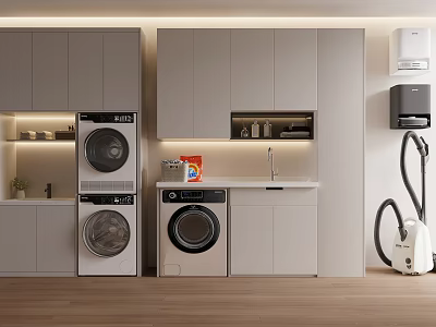 Modern Laundry Room With Washing Machines Dryers Cabinets And Vacuum Cleaner 3d model