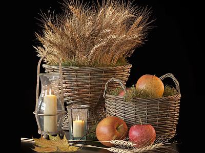 Candle Lamp In Rustic Decor With Wheat Baskets Apples And Fall Leaves 3d model