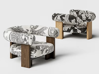 Stylish Leisure Chairs With Black And White Patterned Fabric And Wooden Armrests 3d model