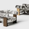 Stylish Leisure Chairs With Black And White Patterned Fabric And Wooden Armrests