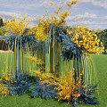 Tall Decorative Columns With Yellow Blue Flowers On Green Grass With Trees And Sky