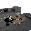 Gray Sofa And Round Coffee Table Set With Colorful Pillows Ottoman And Patterned Rug 3d model