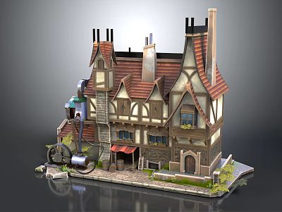 Cartoon Style Fantasy House With Pointed Roofs Chimneys And Colorful Exterior Details 3d model