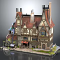 Cartoon Style Fantasy House With Pointed Roofs Chimneys And Colorful Exterior Details