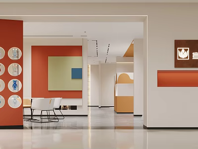 Modern Interior Space With Orange Walls Circular Decorations And White Furniture 3d model