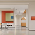 Modern Interior Space With Orange Walls Circular Decorations And White Furniture