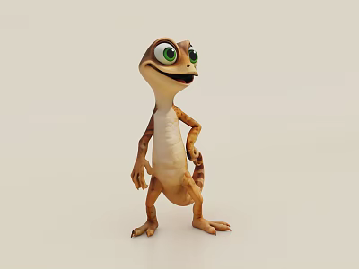 Playful Cartoon Lizard Figurine With Big Green Eyes Brown Beige Color Standing Pose 3d model