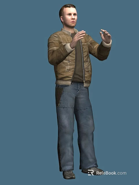 A Man Wearing Brown Jacket Blue Jeans And Brown Shirt Raising Hands Against Blue Background 3d model 