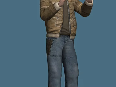 A Man Wearing Brown Jacket Blue Jeans And Brown Shirt Raising Hands Against Blue Background 3d model