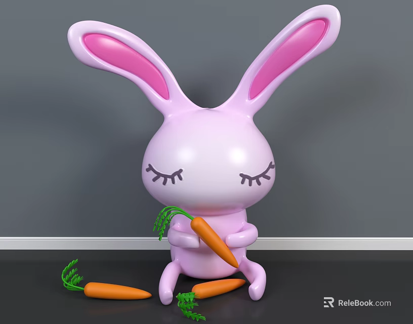 Cute Pink Rabbit Doll With Closed Eyes Holding Carrot And Carrots Beside 3d model 