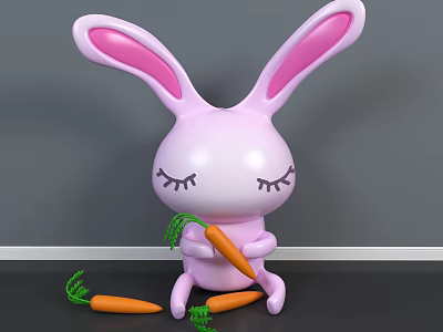 Cute Pink Rabbit Doll With Closed Eyes Holding Carrot And Carrots Beside 3d model