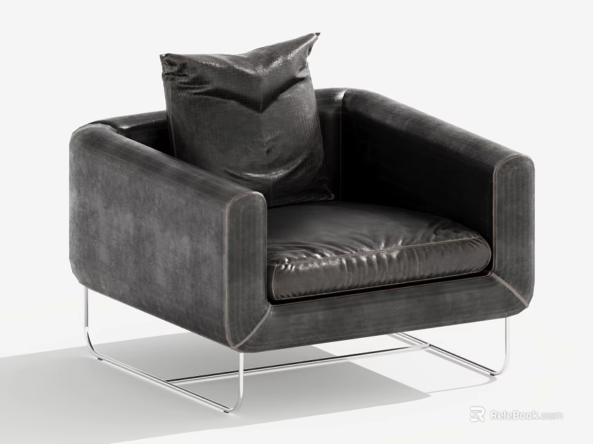 Black Single Sofa With Modern Design Velvet Upholstery Leather Seat And Metal Legs 3d model 