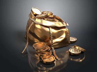 Shiny Golden Money Bag With Scattered Gold Coins Inside And Around 3d model