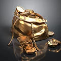 Shiny Golden Money Bag With Scattered Gold Coins Inside And Around