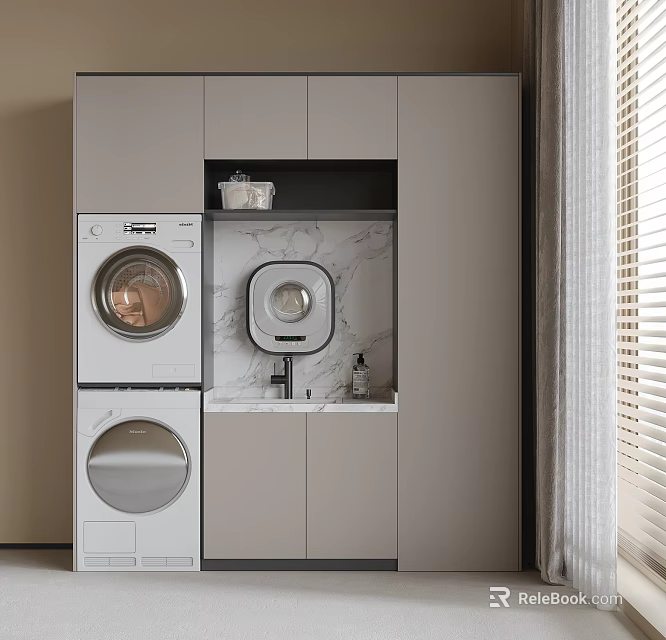 Modern Laundry Room Interior With Stackable Washer And Dryer Gray Cabinets And Marble Countertop 3d model 