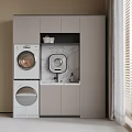 Modern Laundry Room Interior With Stackable Washer And Dryer Gray Cabinets And Marble Countertop