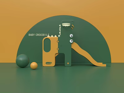 Baby Crocodile Themed Green Play Equipment With Slide And Colorful Balls 3d model
