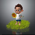 Cute Child Holding Sunflower Standing On Green Grass Wearing White Shirt And Blue Shorts