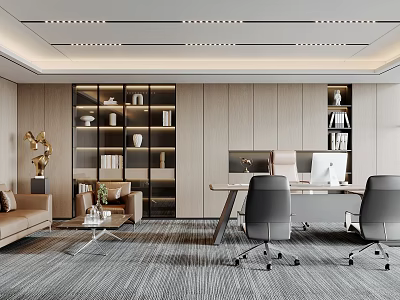 Modern Office Interior Design With Beige Sofa Desk Chairs Bookshelves And Gray Carpet 3d model