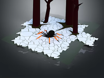 Black Spider With Orange Legs Crawling On Cracked Ground Surrounded By Trees 3d model