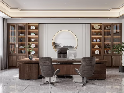 Modern Elegant Office Interior Featuring Wooden Desk Chairs Circular Decorative Painting Bookshelves And Decorative Plants 3d model