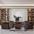 Modern Elegant Office Interior Featuring Wooden Desk Chairs Circular Decorative Painting Bookshelves And Decorative Plants